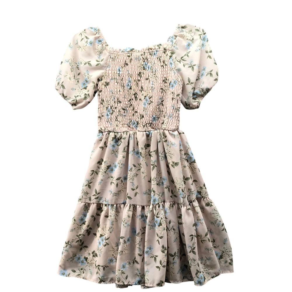 Rare Editions Floral Smocked Dress Girls 12 Pink Blue Tiered Chiffon Puff Sleeve